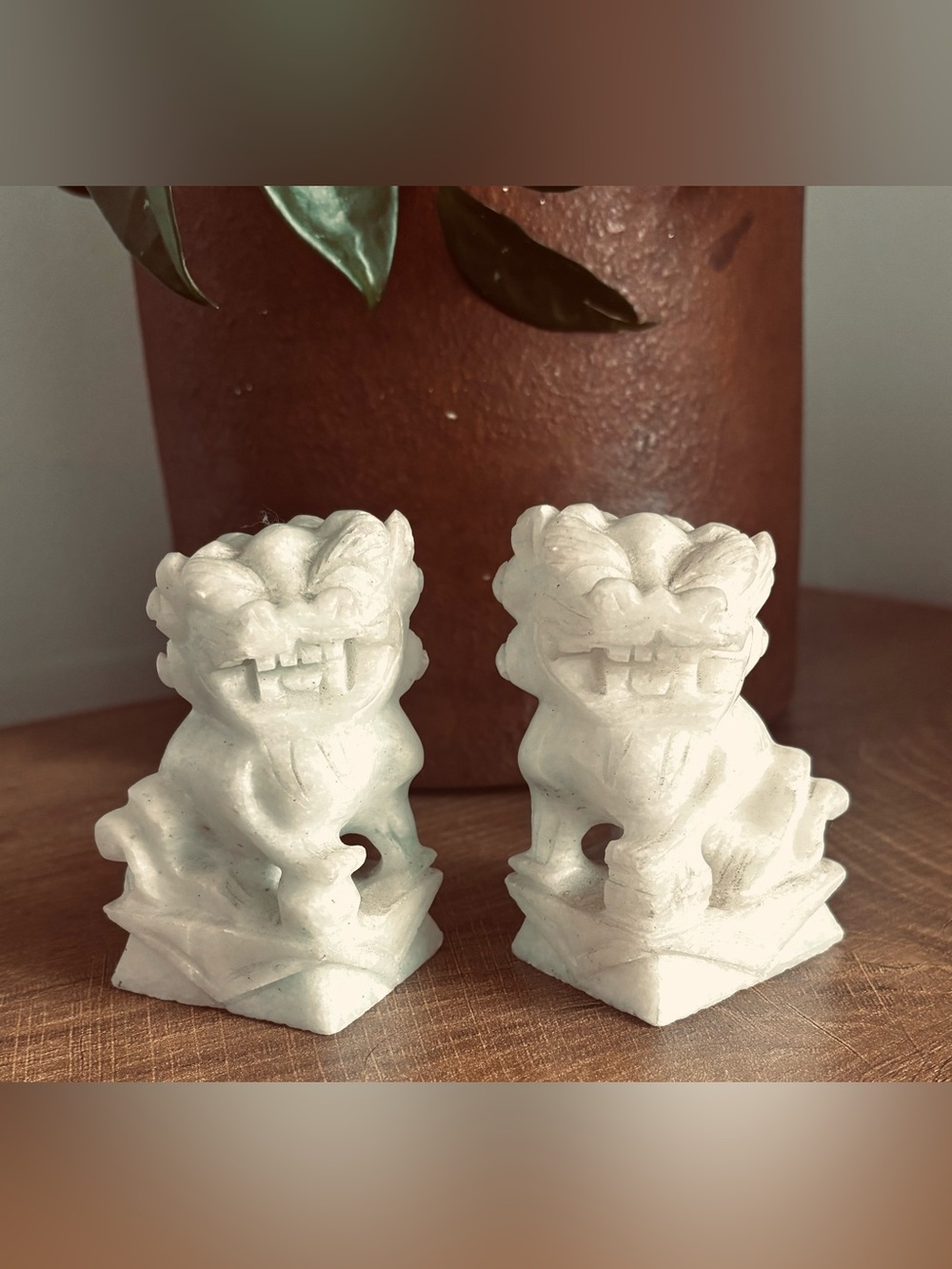 Vintage White Jade Foo Dog Statues - Pair